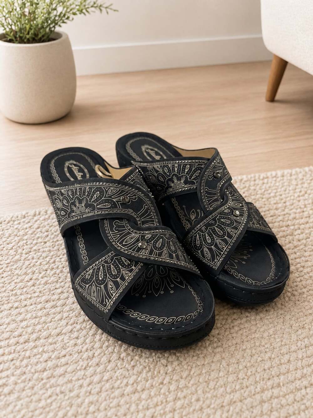 Atalina Black Floral Criss Cross Wedge Slide Sandals Comfort Platform EU40